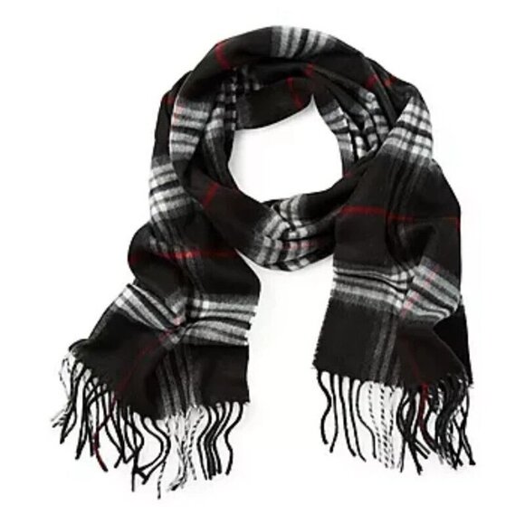 NEW V.FRAAS UNISEX BLACK PLAID FRINGE SCARF - Picture 2 of 3